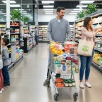 Famiglia che tenta di risparmiare sulla spesa in un supermercato
