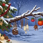 Illustrazione di simboli di Natale: albero sempreverde decorato, candele accese, vischio, falò