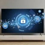 Smart TV moderna in salotto con icone di privacy, lucchetti digitali e simboli di dati