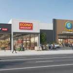 Supermercato e punti vendita su una strada di una cittadina