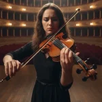 Musicista con sguardo preoccupato e ansia da prestazione sul palco di un teatro