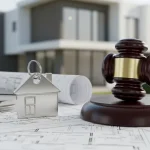 Chiave di casa appoggiata sopra planimetrie e martelletto per acquisto casa da aste giudiziarie