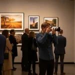 Un fotografo che scatta con una macchina reflex in una galleria di arte fotografica moderna
