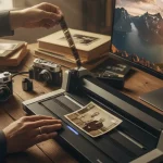 Immagine che evoca i corsi di fotografia con un'attrezzatura fotografica in primo piano sul tavolo