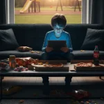 Immagine sul concetto di obesità infantile con bambino che gioca con dispositivo davanti a tavolo con junk food