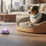 Interno moderno con cane e gatto che usano accessori per cani e gatti