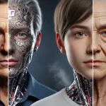 AI nel cinema con ritratto cinematografico realistico di un volto umano che si trasforma digitalmente, metà attore reale metà deepfake