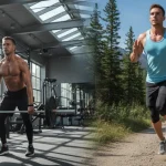 Sportivo impegnato in un allenamento ibrido, metà palestra con pesi e metà corsa outdoor.