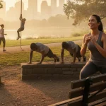 Persone che si allenano all’aperto in un parco urbano, luce naturale, atmosfera energica e salutare