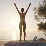 Persona che pratica biohacking naturale all'alba, con luce solare, smartwatch e un'atmosfera minimal.
