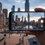 Un utente intento a fare foto belle con lo smartphone a un panorama urbano