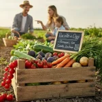 Cassetta di frutta e verdura a km 0 appena raccolta in un'azienda agricola locale per vendita diretta
