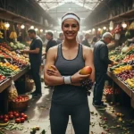Sportivo sorridente in un mercato ortofrutticolo colorato, circondato da frutta e verdura fresca di stagione.