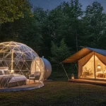 Lussuoso glamping in un bosco al crepuscolo, con una bubble room trasparente e una tenda safari di design illuminate da luci calde a led.