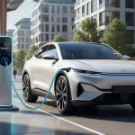 Auto elettrica moderna in ricarica urbana per illustrare gli incentivi auto e la mobilità ecosostenibile.