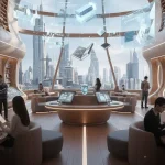 Interno di una libreria del futuro con scaffali digitali interattivi, schermi olografici, persone che leggono con tablet e libri cartacei