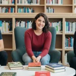 Giovani adulti della Gen Z seduti in una libreria moderna tra libri cartacei colorati sugli scaffali.