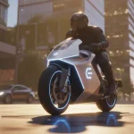 Moto elettrica con design futuristico su strada urbana