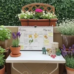 Piante da balcone urbano con vasi e calendario di semina, atmosfera primaverile.