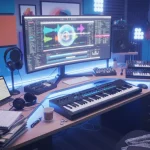 Uno studio di registrazione con fogli e pc per creare la struttura di una canzone