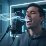 Primo piano di una persona che canta in uno studio di registrazione, onde sonore che escono dalla bocca rappresentando il timbro vocale