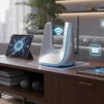 Router Wi-Fi 7 di ultima generazione in un ambiente domestico smart con flussi di dati digitali e dispositivi connessi