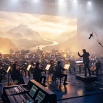 Una orchestra in uno studio mentre registra colonne sonore per le immagini di un film sullo sfondo