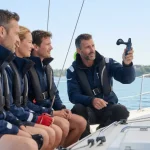 Un gruppo di adulti a un corso di vela su un cabinato ascolta l'istruttore