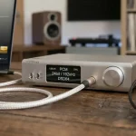 Un DAC audio hi-fi in primo piano su una scrivania con cuffie premium e laptop