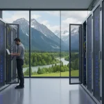 L'interno di un data center, con file di server e un tecnico al lavoro, con grande finestra panoramica che si affaccia su paesaggio naturale con montagne e un fiume.