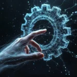 Immgine concettuale di efficienza: una mano che cerca di toccare un ingranaggio digitale fatto di luce blu e dati, ma la mano appare sfocata e sbiadita