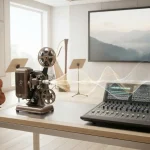 Una sala con grande monitor, strumenti musicali e vecchio proiettore che rappresenta l'evoluzione della musica da film