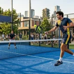 Giocatori di padel impegnati in una partita di doppio su un campo blu moderno, concetto di sport sociale e dinamismo.