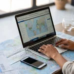 Persona intenta a prenotare viaggi su laptop con mappe, biglietti aerei, smartphone e caffè