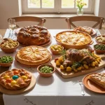 Tavola ricca di ricette di Pasqua tradizionali e dolci tipici