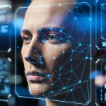 Illustrazione realistica tecnologia di riconoscimento facciale con volto umano analizzato da punti biometrici sul viso