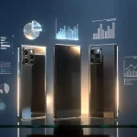 Rappresentazione di tra smartphone migliori con grafici di mercato fluttuanti