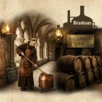 Immagine che cattura l'essenza narrativa della storia della birra dagli egizi fino ai monaci medioevali all'industria