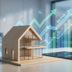 Modello di casa in legno e vetro su una scrivania, con grafici finanziari translucidi e frecce che mostrano l'andamento dei tassi dei mutui.