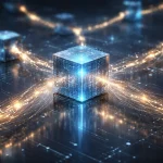 Una fotografia professionale di alta qualità che visualizza il concetto astratto di un registro blockchain decentralizzato e sicuro.