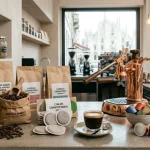Interno di torrefazione con marche di caffe, formati e tazzine in primo piano