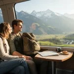 una coppia di giovani in treno mentre viaggiano per l'Europa con l'Interrail