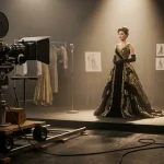 Il rapporto tra moda e cinema, catturando l'atmosfera sofisticata di un set cinematografico d'epoca