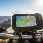Un navigatore gps su una moto in viaggio con panorama aperto davanti a sè