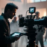 Registi sul set: direttore con monitor in mano che controlla la ripresa, cinepresa professionale e troupe sfocata sullo sfondo.