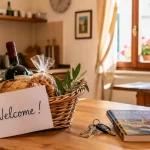 Cucina accogliente legata allo scambio casa, con cesto di benvenuto con prodotti tipici come pane, olio e vino e un biglietto Welcome.