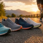 Scarpe da running su una strada al tramonto con corridore