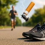 Sigaretta spezzata e scarpe da running in primo piano, simbolo di chi ha deciso di smettere di fumare e iniziare a correre verso una vita più sana.