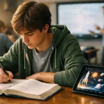 Uno studente che usa la tecnologia a scuola ma che studia su un libro cartaceo