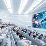 Una luminosa sala cinema del futuro con pareti bianche minimaliste e pubblico che indossa visori VR davanti a un grande schermo curvo